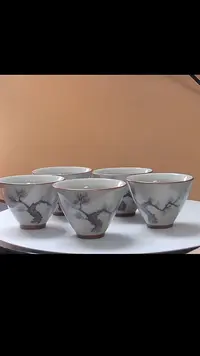 套装哥窑彩绘松树斗笠杯礼盒装