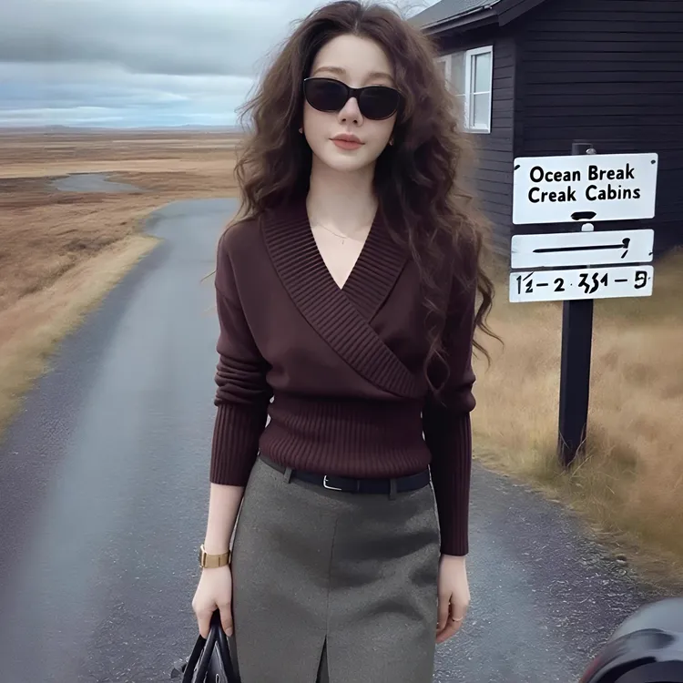 韩系穿搭咖色v领长袖针织衫女秋冬季气质高级感收腰内搭打底毛衣