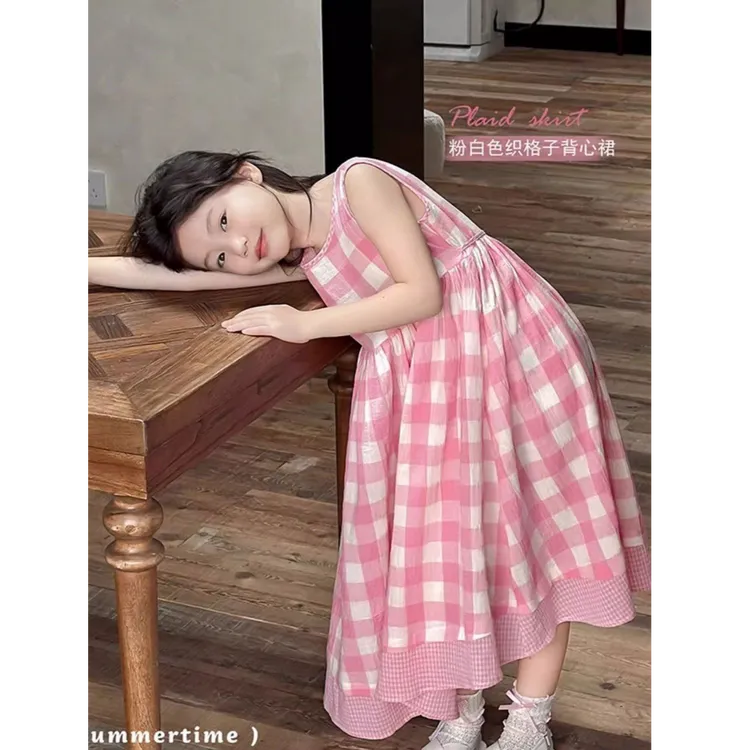 女童纯棉连衣裙夏季中大童格子A字裙女孩宝宝休闲韩版背心裙童装