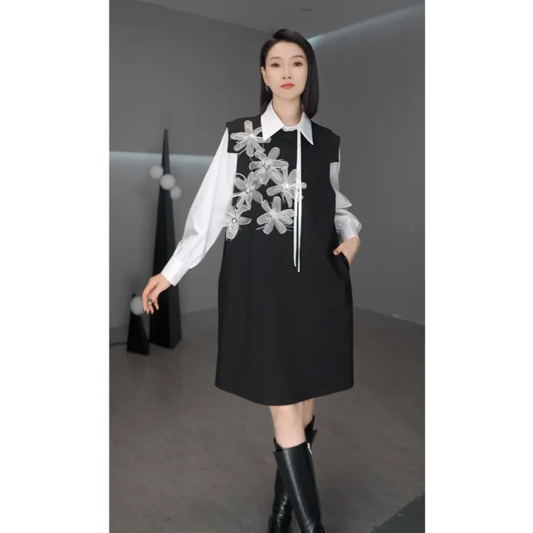 鑫鑫原创2025欧版立体花朵裙子长款小飞袖T裙大牌范背心裙1955