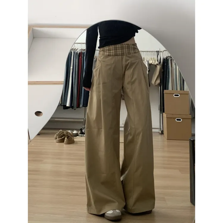 美式复古卡其格纹腰头拼接休闲裤女早春设计感宽松阔腿拖地长裤子