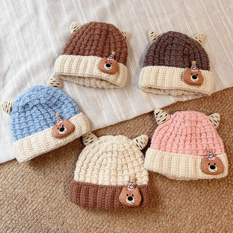 宝宝帽子冬季小羊角针织卡通婴儿毛线帽秋冬保暖拼色男女童套头帽