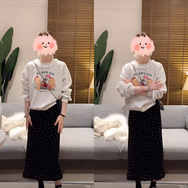 2025秋冬蕾丝花边拼接卡通图案印花卫衣百搭波点木耳边气质半身裙