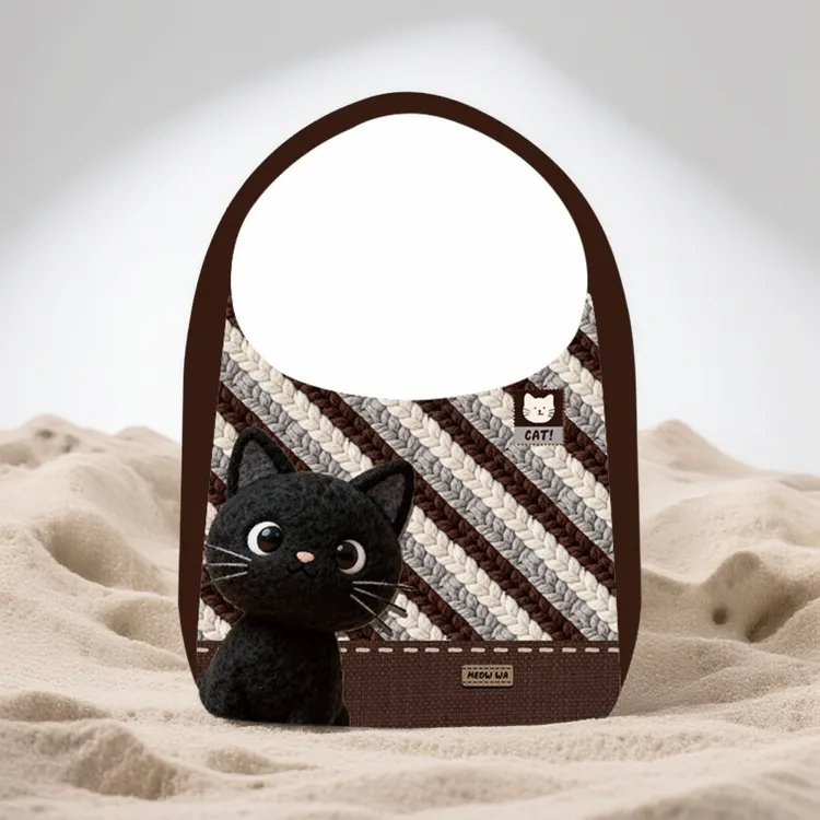 艺术鸭原创设计师毛毡小黑猫加侧单肩包手提印花休闲百搭秋冬女包