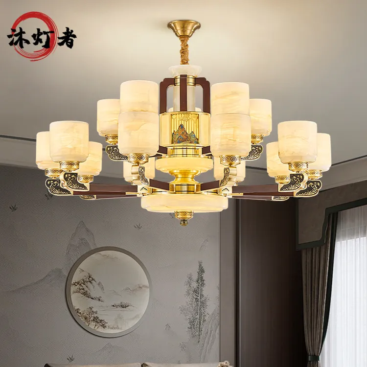 全铜玉石吊灯新中式客厅灯中国风别墅酒店大堂实木灯具大气中山灯