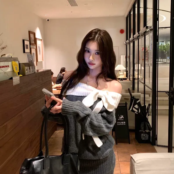 针织长袖宽松毛针织衫显瘦露肩法式减龄千金风包臀裙小众慵懒风