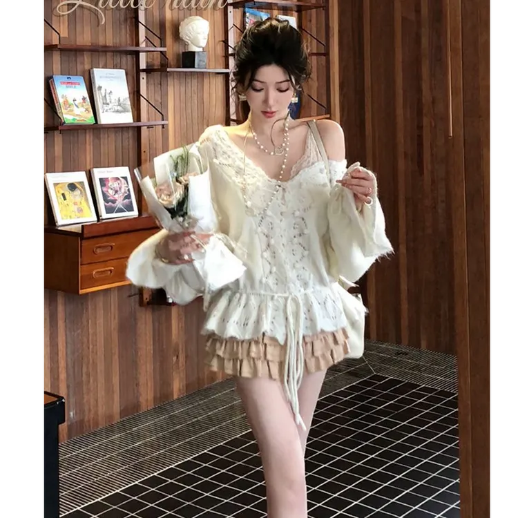 #231镂空钩花V领宽松抽绳下摆针织毛衣外穿时尚开衫上衣女小众