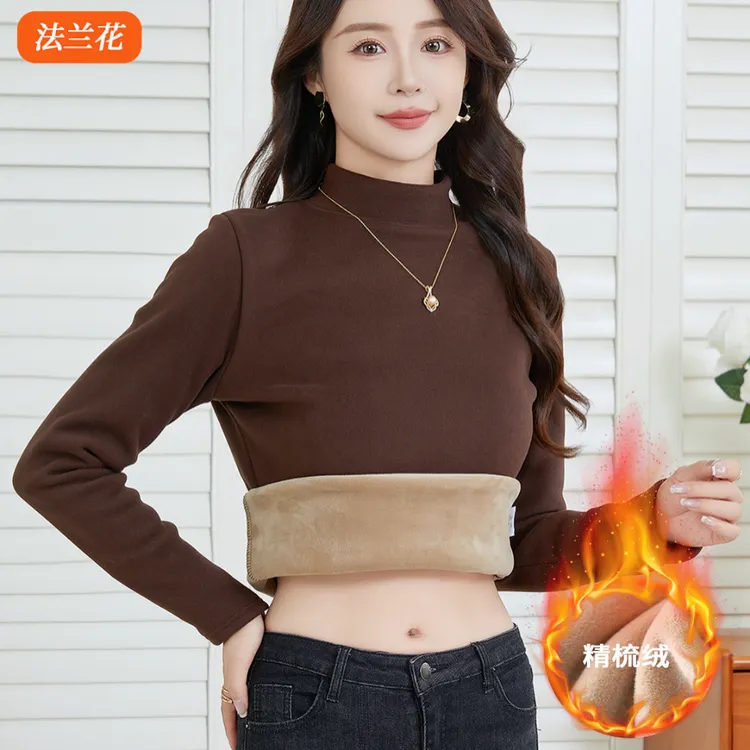 加绒打底衫女加厚保暖上衣半高领秋冬款百搭一体绒不起球内搭女装