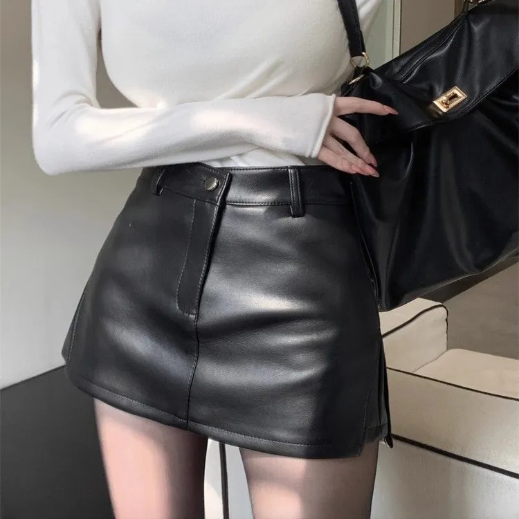 黑色小皮裙防走光包臀半身裙女2025秋季新款辣妹风高腰开叉短裙裤