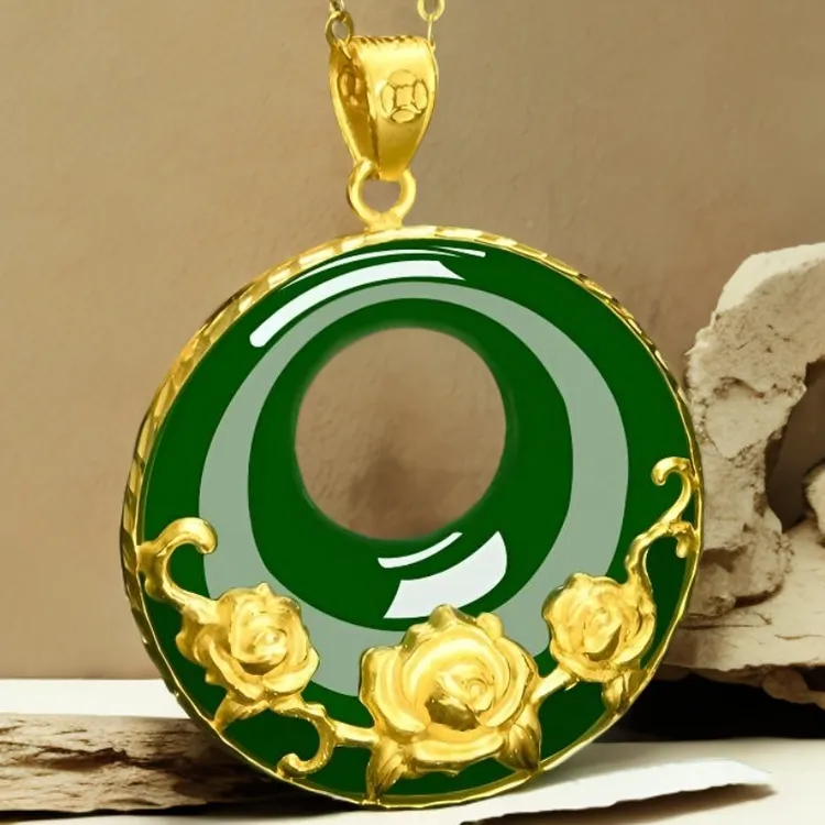 锌合金吊坠 国风玫瑰花开满绿吊坠复古贵气妈妈百搭饰品