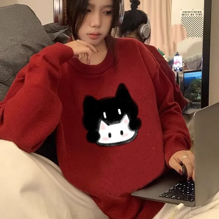 酒红色猫咪印花毛衣秋冬季男女款印花宽松圆领套头大码针织衫上衣