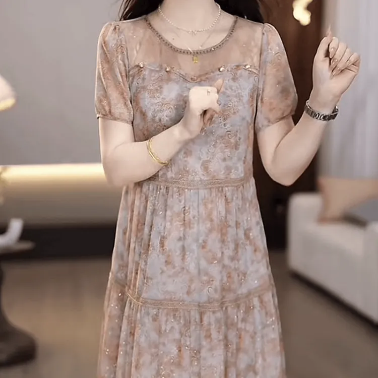 2025夏季新款时尚气质优雅高级低饱和混色晕染花纹修身显瘦连衣裙