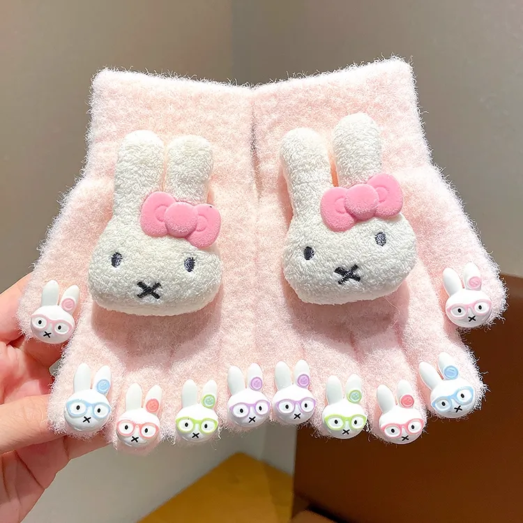 儿童手套秋冬可爱女童卡通米菲兔毛绒五指套小女孩防风保暖分指套