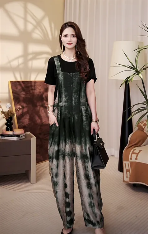 高端品质[绿水青山]新款减龄青春时尚休闲背带裤大码气质套装1091