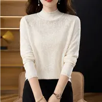 700#立体钩花长袖针织衫女春秋气质半高领内搭洋气打底上衣654