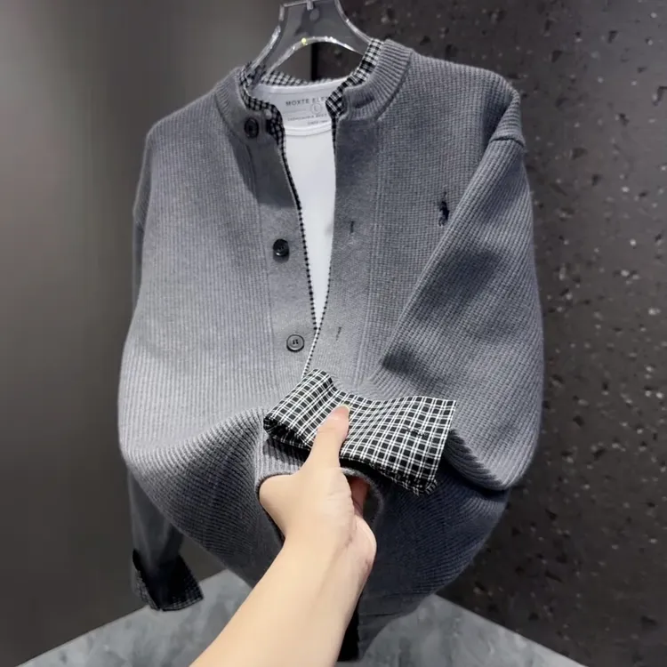 DeweLvum老钱风假两件拼接痞帅高级感慵懒风针织开衫毛衣外套男士