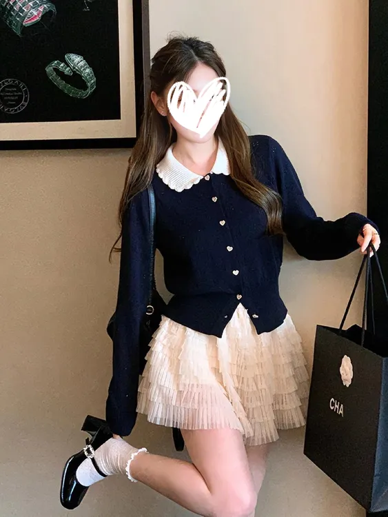 韩系撞色减龄娃娃领针织开衫女短款上衣外搭千金气质针织毛衣女