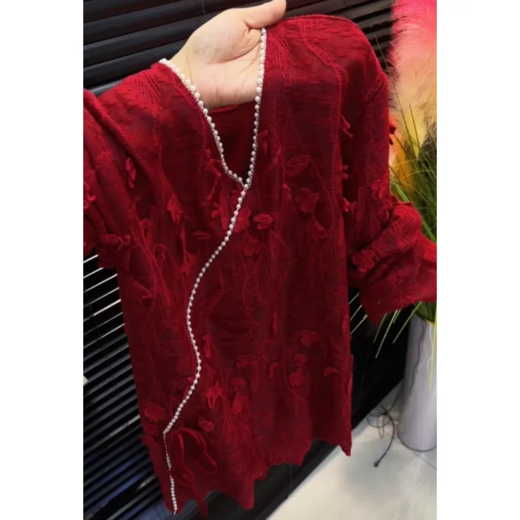 大码红色钩花设计感V领上衣女2026春季新款时尚潮流气质高级时髦