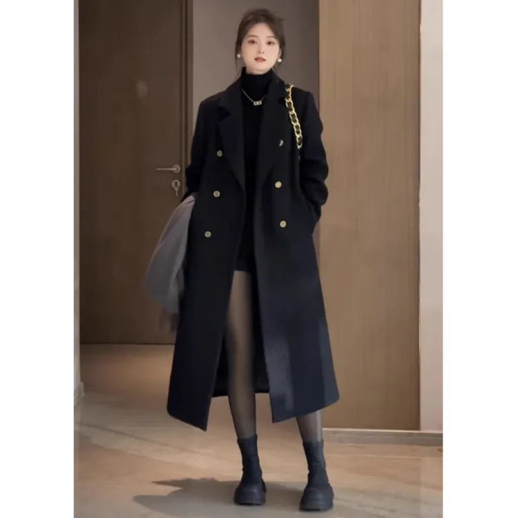 大码黑色加棉毛呢外套秋冬新款胖mm200斤赫本风宽松时尚长款大衣