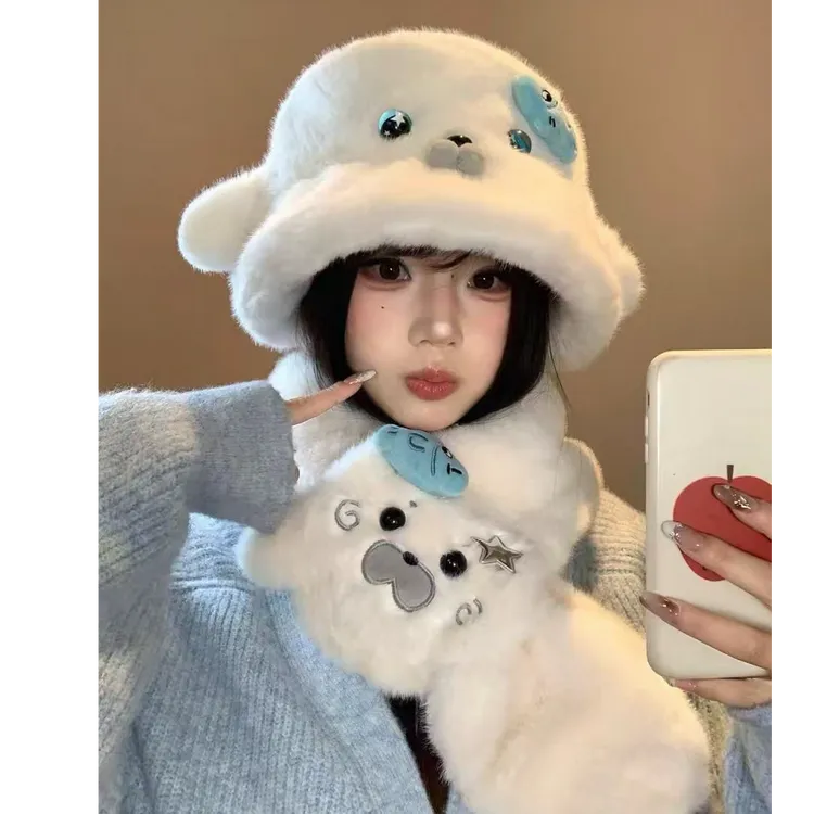 可爱卡通小海豹盆帽子女渔夫帽子耳朵会动帽子围脖二件套冬季保暖