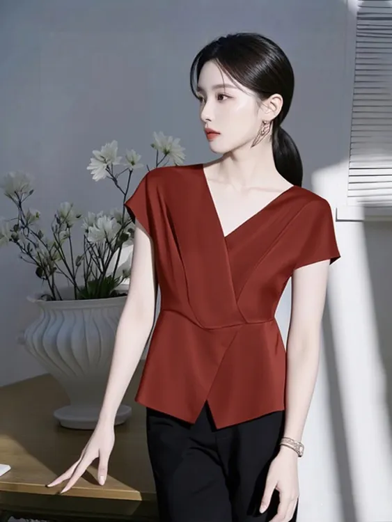 SS1160气质显瘦收腰遮肚腩设计感V领短袖衬衫夏时尚休闲减龄上衣