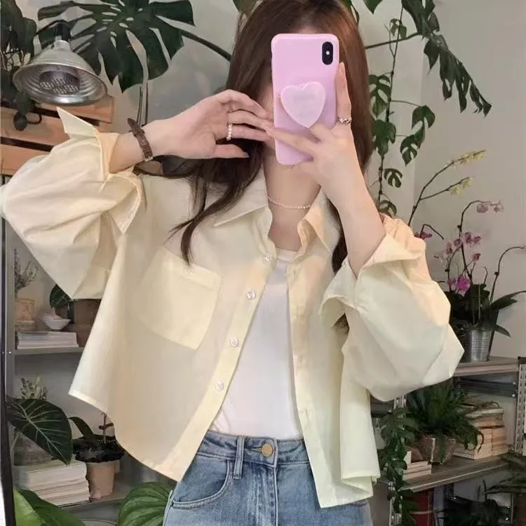 短款衬衫女早春秋小个子百搭宽松休闲口袋上衣防晒百搭韩版开衫女