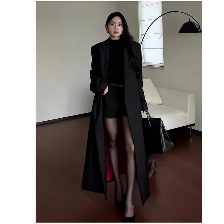 法式高级感红内衬长款西装大衣秋季大码女装胖mm气场强大风衣外套