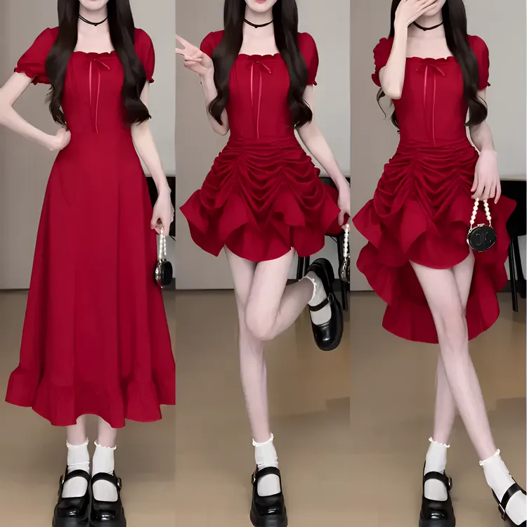 红色方领纯色长裙气质感收腰显瘦连衣裙