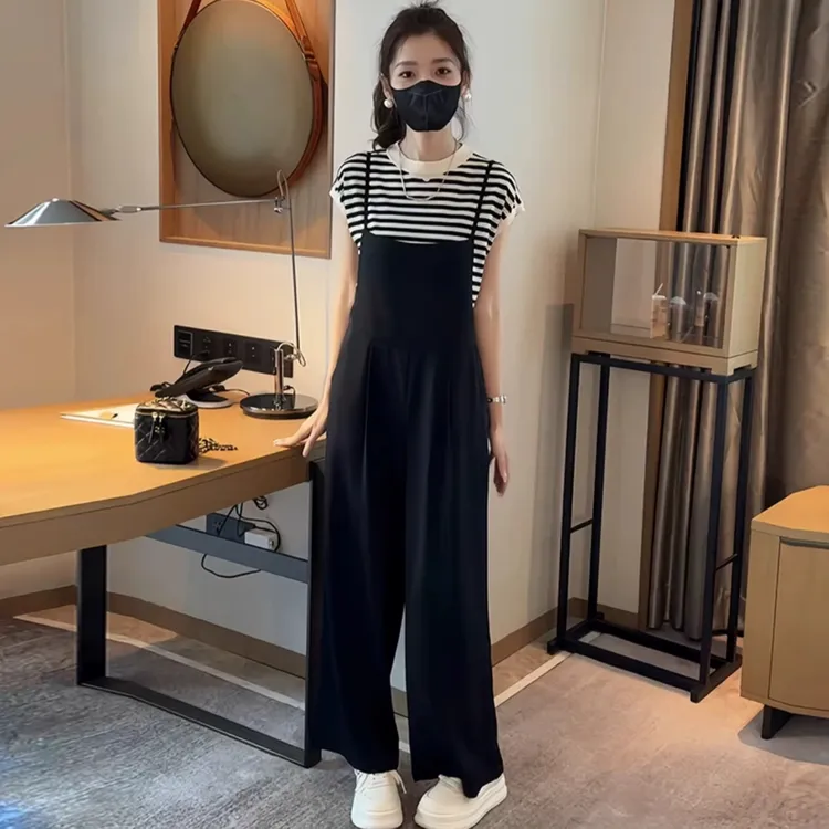 拉夏贝尔条纹T恤套装两件套2025夏装穿搭时尚小个子减龄背带裤女