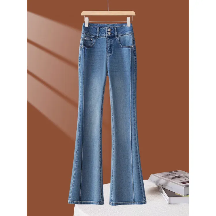 拉夏贝尔复古蓝时尚微喇牛仔裤女2025新款春秋高腰修身显瘦喇叭裤