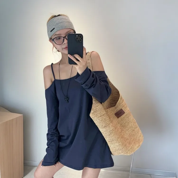 一字肩露肩吊带t恤夏日上衣设计感宽松休闲时尚巨好看藏青色长袖