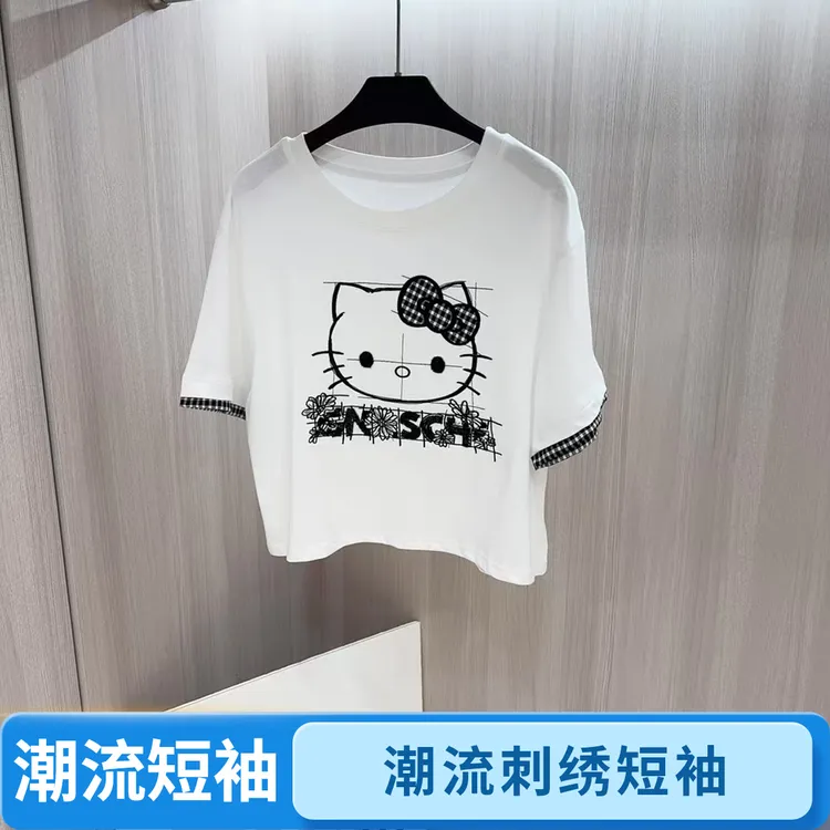 潮流少女风短袖耐磨针织刺绣拼接T恤卡通重工女士抗起球百搭夏季
