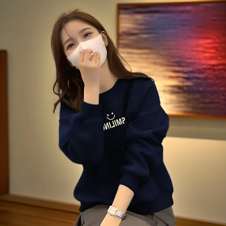 藏蓝色圆领卫衣女秋冬2025新款爆款时尚洋气笑脸印花加绒加厚上衣