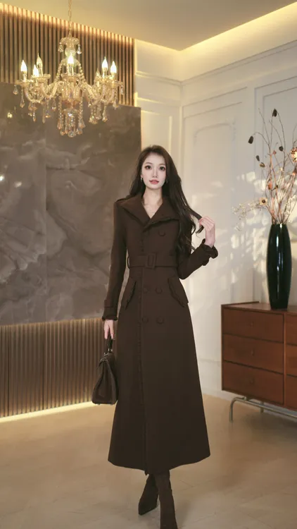 罗曼定制 高定原创长款收腰毛呢风衣连衣裙通勤女装长袖时尚新款