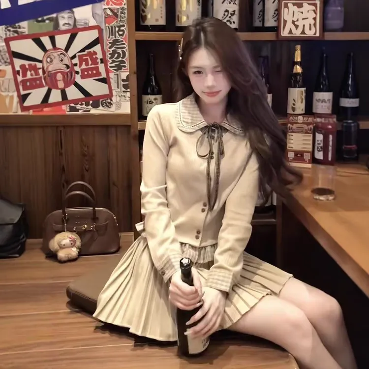 韩版学院风甜美气质翻领蝴蝶结长袖上衣名媛千金风高腰百褶裙套装