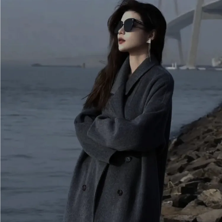 碳灰双面羊驼绒大衣女中长款韩版宽松2025年秋冬高级感羊毛呢外套