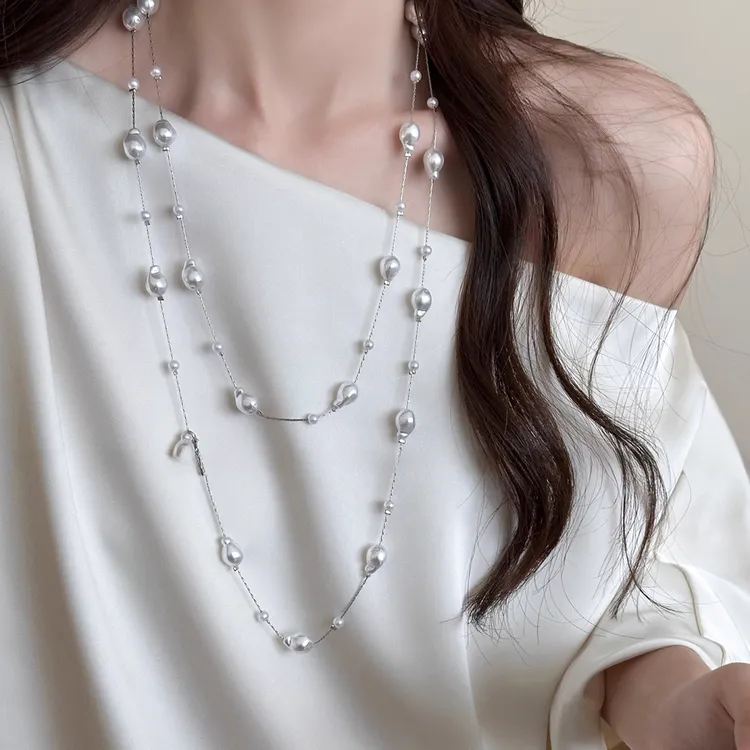合金仿珍珠项链 法式优雅异形珠珠长款双层项链女高级感叠戴配饰