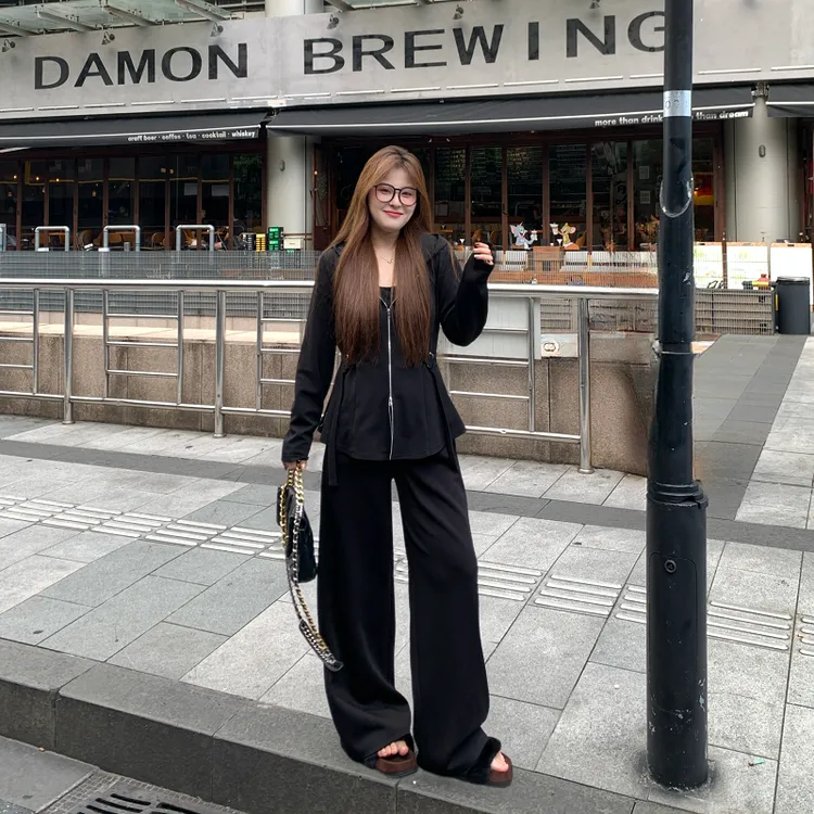 盈盈&南岛风大码女装腰带卫衣外套女秋季显瘦卫裤长裤套装ZYY2343