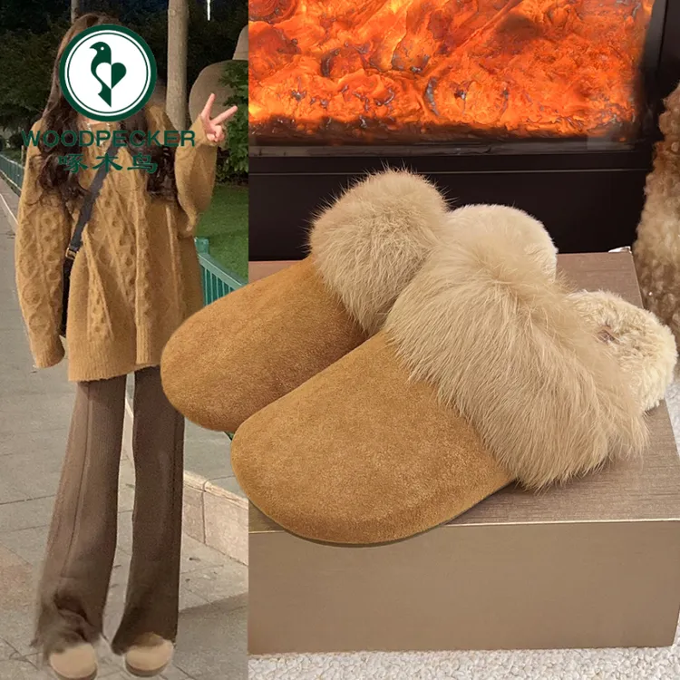 啄木鸟加绒毛毛拖鞋女外穿2025新款秋冬平底勃肯棉拖保暖包头半拖