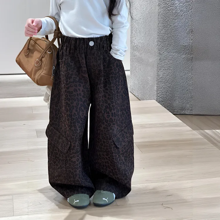 亲子【加绒】全棉冬季男女童工装豹纹裤儿童休闲宽松休闲裤25G186