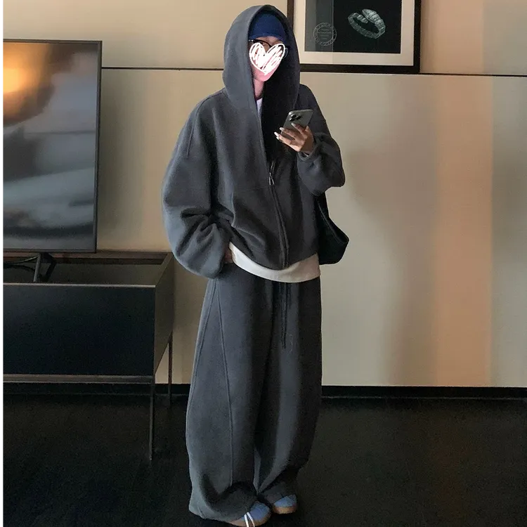 双面奥粒绒 490g高克重连帽卫衣外套+加厚宽松复古弯刀阔腿裤套装