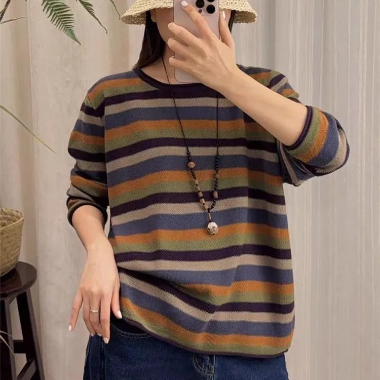 秋冬百搭毛衣女韩版针织衫长袖针织圆领高级感拼色设计条纹上衣