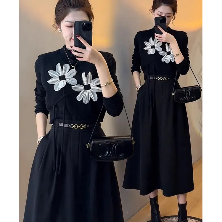 Y215#早秋新款花朵针织马甲无袖女高级感背心上衣半身裙三件套