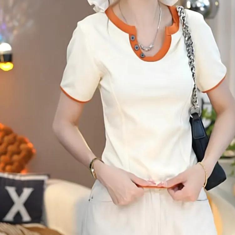 设计感小U领撞色包边修身短袖T恤女2025新款夏季休闲百搭时尚上衣