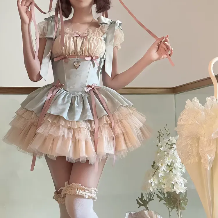 【现货】小缎带sp甜美可爱Lolita芭蕾风套装裙日常优雅显瘦感洛丽塔