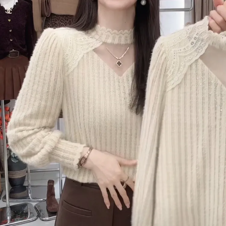 法式磨毛蕾丝2026气质打底衫女秋季新款女装长袖修身时尚百搭上衣