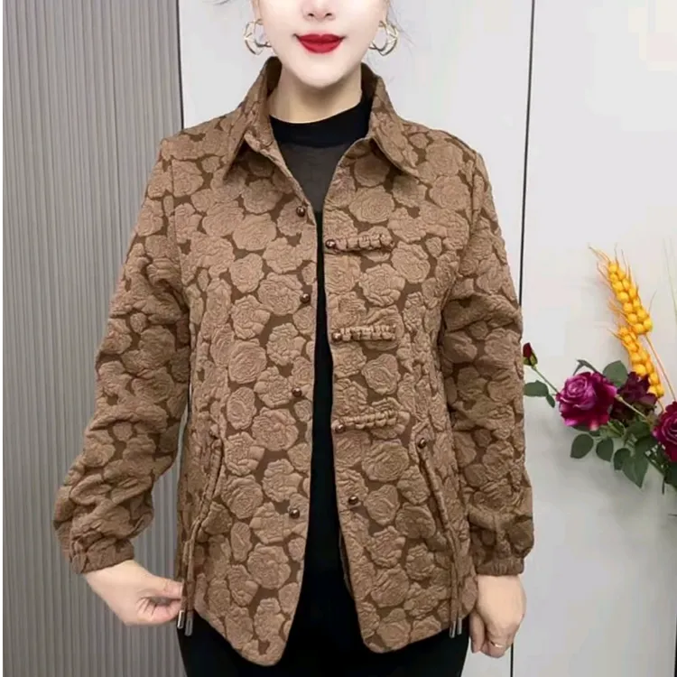 春秋款新中式民族风女装纯色提花拼接设计polo领减龄妈妈长袖外套