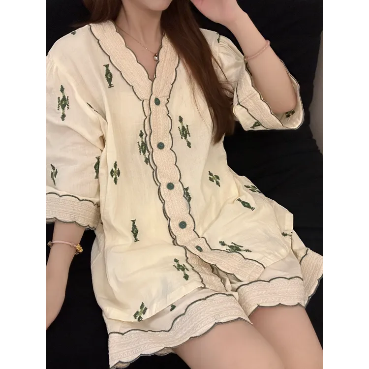国风新中式高级感双层棉纱开衫睡衣女短裤春夏新款大码睡衣女款