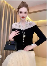 【蜜桃】重工钉珠拼接蕾丝轻奢百搭显瘦针织开衫上衣