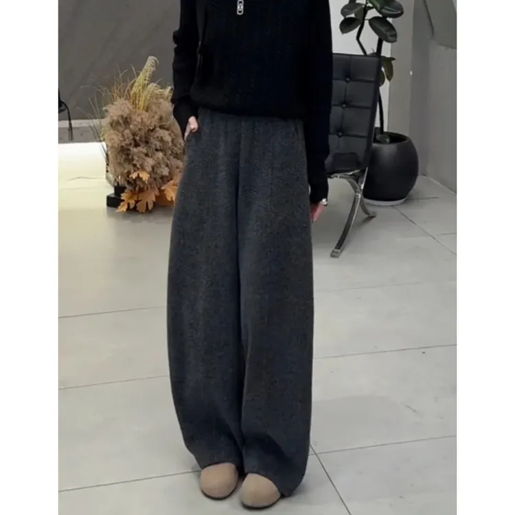 2025秋冬新款高腰显瘦阔腿裤韩版慵懒风弯刀裤子加绒长裤休闲裤女